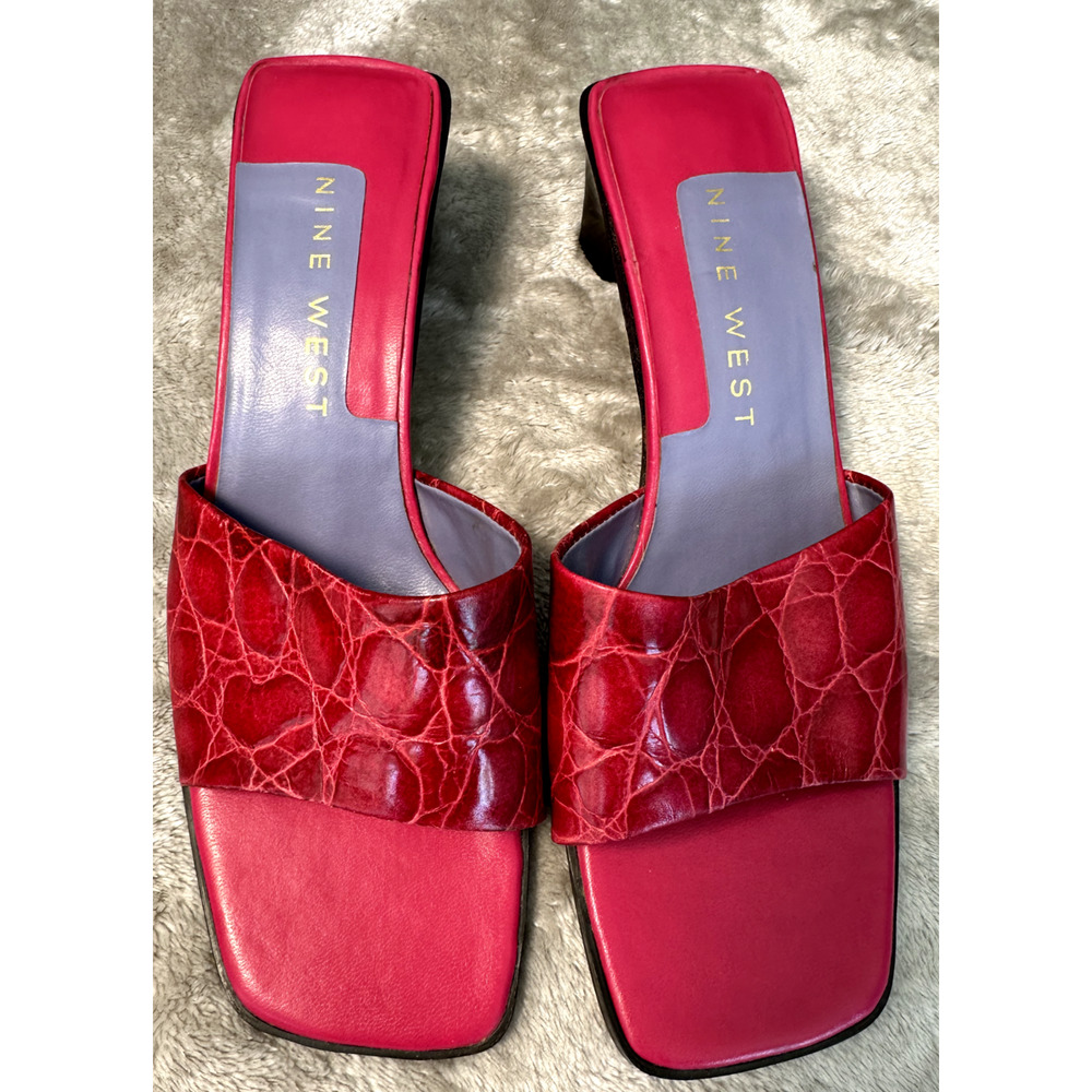 Nine West Vintage Hot Pink Reptile Embossed Leather Mules Y2K Womens Size 6.5